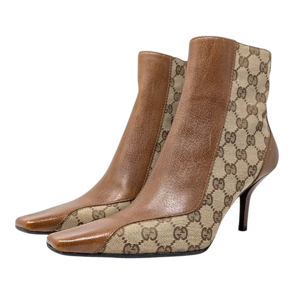 Vintage Gucci Tom Ford GG Monogram Square Toe Kitten Heel Ankle Boots Brown 9 - Picture 2 of 14